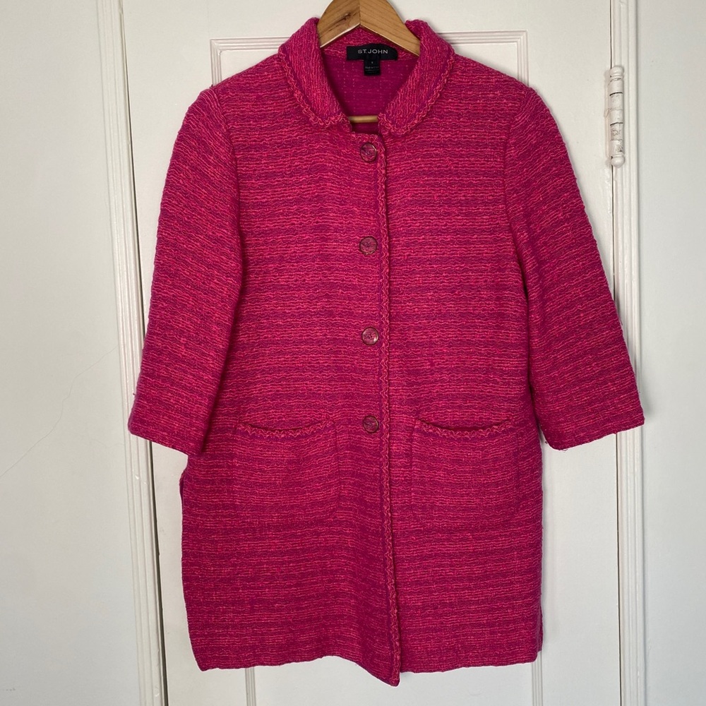St. John Pink Wool-Blend Tweed Button-Front Coat